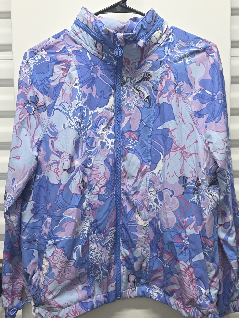 Talbots Blue and Pink Floral Print Hooded Light Jacket Women M Elevated Basics